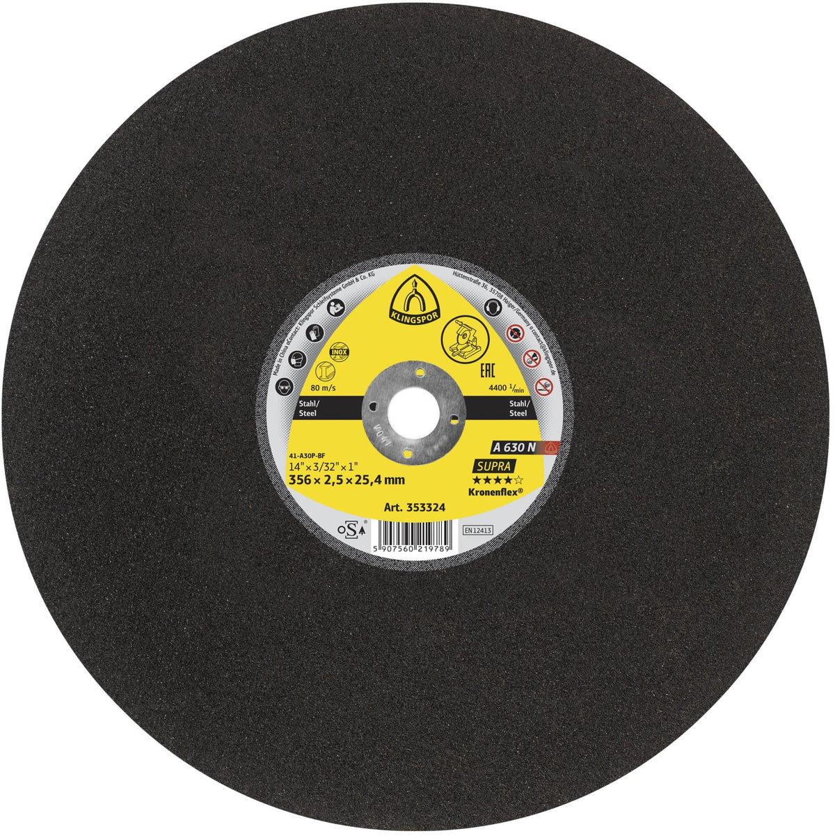 Disc diamantat continuu, pentru taiere otel / inox / aluminiu / fonta, A 630 N Supra, 356 x 25.4 x 2.5 mm